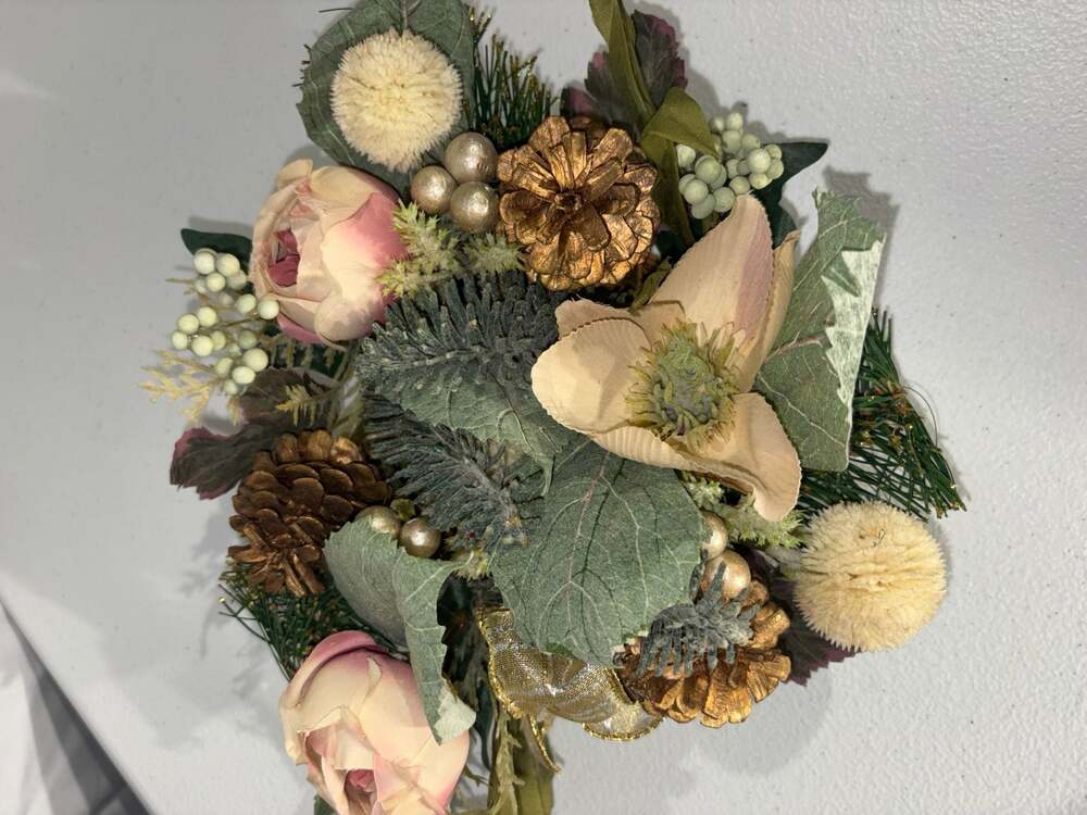 Decorative Holiday Candle Ring with Artificial Peonies, Gold Pinecones, and Gree
